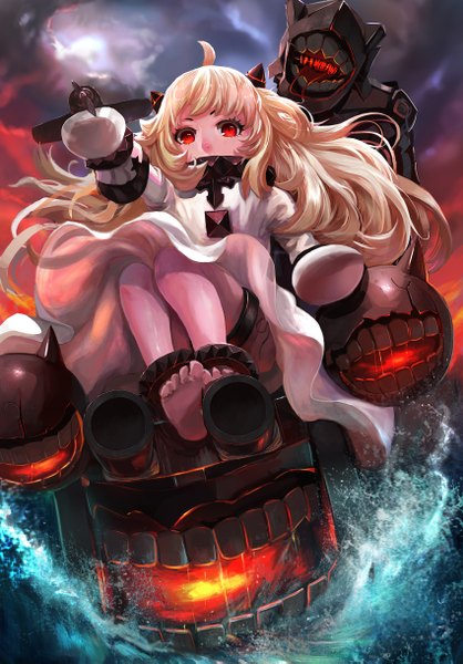 Anime picture 1700x2438 with kantai collection northern ocean hime zhujun0431 single long hair tall image looking at viewer red eyes ahoge white hair barefoot teeth loli shinkaisei-kan girl dress gloves water white dress toy