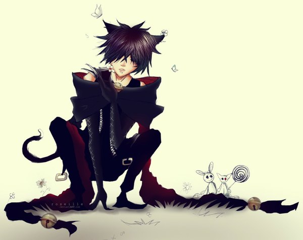 Anime picture 1024x815 with pandora hearts xebec cheshire cat single open mouth black hair tail hair over eyes boy flower (flowers) plant (plants) animal food sweets insect butterfly thigh boots bell grass