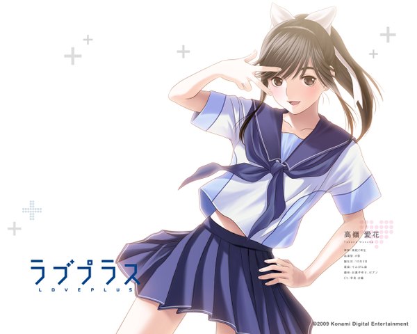 Anime picture 1280x1024 with love plus takane manaka black hair white background brown eyes ponytail hand on hip victory girl bow hair bow serafuku