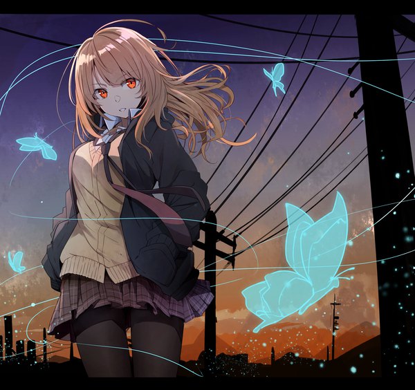 Anime picture 3035x2857 with original kazenoko single long hair looking at viewer fringe highres blonde hair absurdres cloud (clouds) ahoge outdoors parted lips pleated skirt wind open jacket orange eyes evening plaid skirt sunset