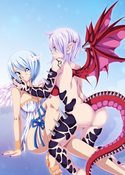 Anime picture 1200x1668 with fairy tail lisanna strauss yukino aguria salim202 tall image short hair breasts blue eyes light erotic smile large breasts multiple girls yellow eyes blue hair sky ass white hair tail nail polish profile