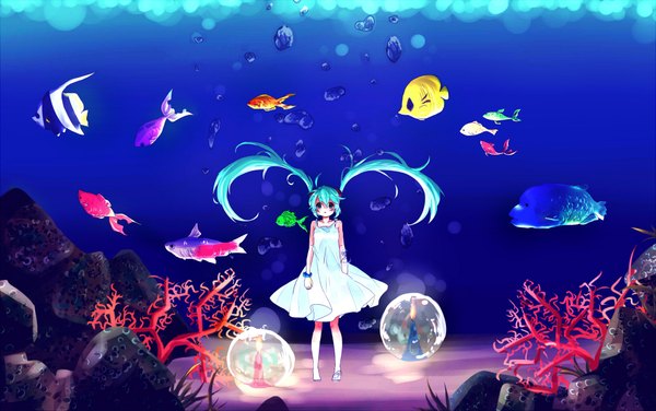 Anime picture 1912x1200 with vocaloid hatsune miku single looking at viewer highres twintails very long hair barefoot aqua eyes aqua hair alternate costume underwater girl dress bracelet bubble (bubbles) fish (fishes)