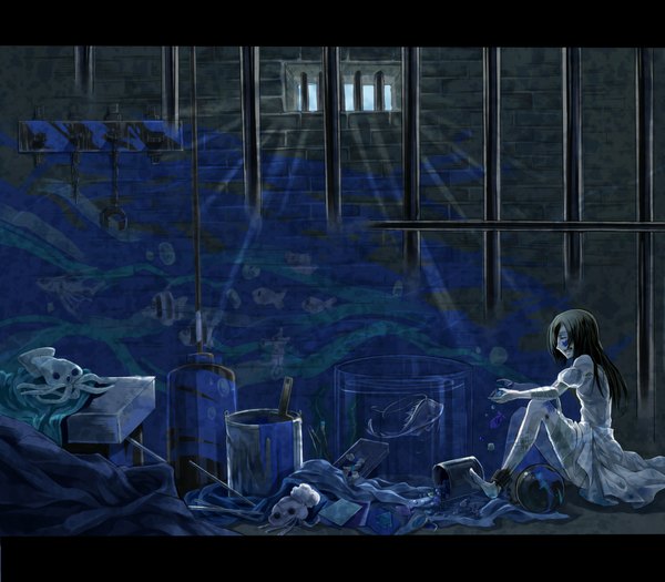 Anime picture 2393x2095 with original janis (hainegom) highres open mouth sitting eyes closed painting girl dress window blood bandage (bandages) necklace fish (fishes) picture shackles bars squid