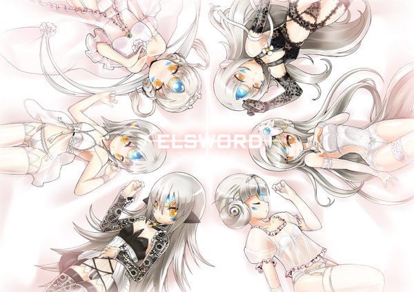 Anime picture 2000x1415 with elsword eve (elsword) poseich long hair looking at viewer highres short hair light erotic simple background multiple girls yellow eyes white hair eyes closed text facial mark group 6+ girls sleeping 6 girls multiple persona