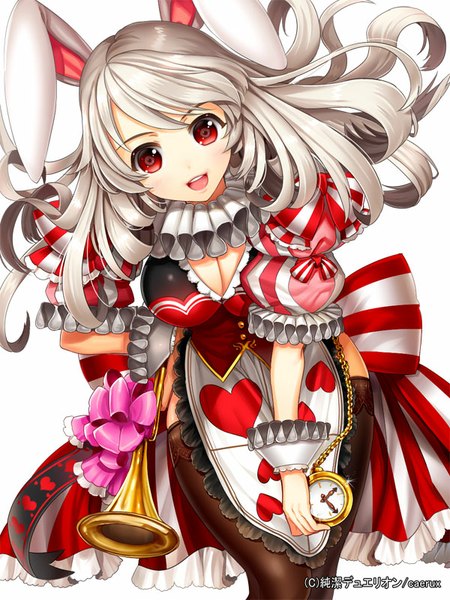 Anime picture 600x800 with junketsu duelion ells (ellsat) single long hair tall image blush open mouth simple background smile red eyes white background animal ears white hair bunny ears girl thighhighs bow black thighhighs wrist cuffs clock