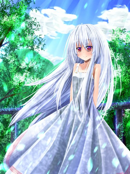 Anime picture 1270x1693 with original kakigouri single long hair tall image looking at viewer blush smile red eyes bare shoulders sky cloud (clouds) white hair girl dress plant (plants) tree (trees) leaf (leaves) sundress