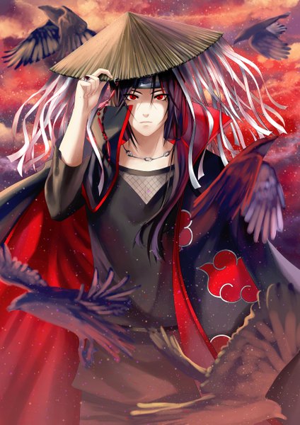 Anime picture 3508x4961 with naruto studio pierrot naruto (series) uchiha itachi yoneyu single tall image looking at viewer highres short hair black hair red eyes absurdres akatsuki sharingan boy hat animal bird (birds) ring