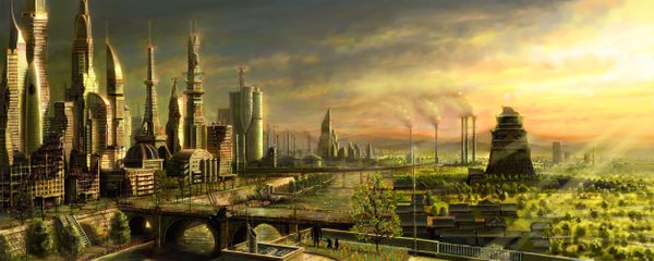 Anime picture 2500x1000 with miyahara shuta highres wide image sky sunlight city smoke cityscape landscape ruins panorama plant (plants) tree (trees) building (buildings) bridge skyscraper