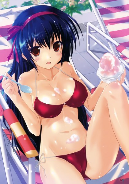 Anime picture 4919x7007 with original komatsu eiji single long hair tall image looking at viewer blush highres breasts open mouth light erotic large breasts holding brown eyes blue hair absurdres bent knee (knees) outdoors bare belly erect nipples