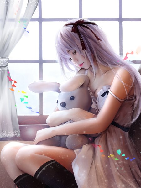 Anime picture 1050x1400 with original jc99 single long hair tall image fringe sitting looking away cleavage purple hair indoors lips realistic off shoulder hug lipstick sad girl dress ribbon (ribbons)