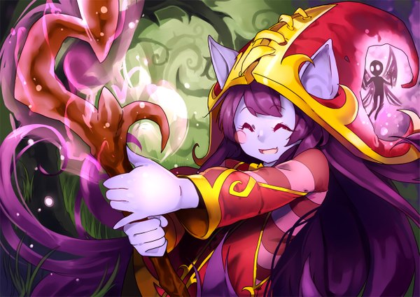 Anime picture 1273x900 with league of legends lulu (league of legends) guiltytestament single long hair blush fringe open mouth animal ears purple hair eyes closed teeth fang (fangs) insect wings butterfly wings fairy girl plant (plants) hat grass