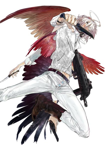 Anime picture 1100x1564 with original teteteten single tall image short hair simple background white background ahoge white hair long sleeves black eyes from below looking down black wings extra arms boy weapon wings jacket gun