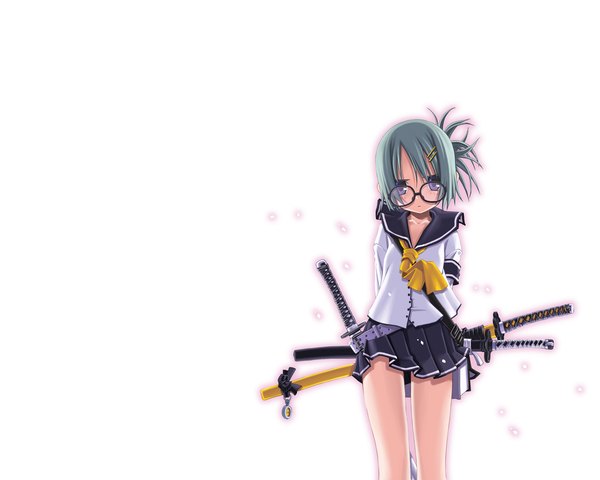 Anime picture 1280x1024 with short hair blue eyes white background blue hair girl sword glasses necktie