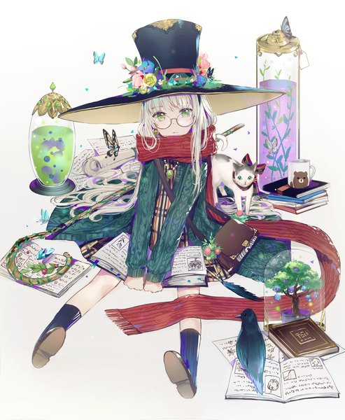 Anime picture 800x974 with original dangmill single long hair tall image looking at viewer fringe simple background sitting green eyes full body white hair girl flower (flowers) hat animal glasses scarf bird (birds) book (books)