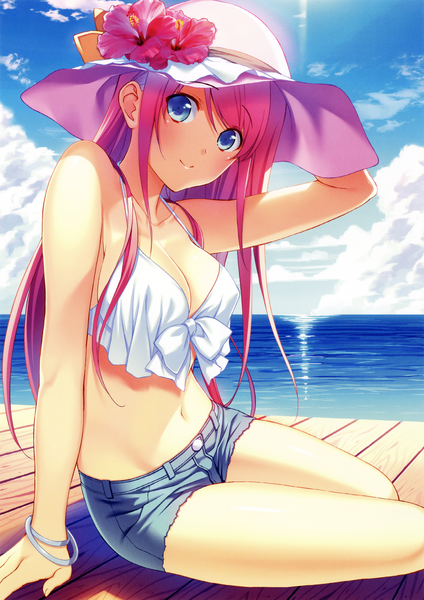 Anime picture 2293x3243 with original fumio (ura fmo) single long hair tall image looking at viewer blush fringe highres breasts blue eyes light erotic smile large breasts sitting bare shoulders holding payot pink hair sky