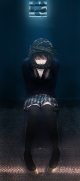 Anime picture 1024x2304 with saw (movie) clare (543) single long hair tall image brown hair sitting eyes closed girl thighhighs skirt black thighhighs chair