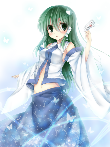 Anime picture 2400x3200 with touhou kochiya sanae kaguyuu single long hair tall image highres simple background white background bare shoulders green hair girl skirt navel detached sleeves insect butterfly skirt set hair tubes