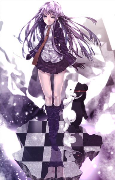 Anime picture 800x1245 with dangan ronpa kirigiri kyouko monokuma applekun long hair tall image smile purple eyes purple hair full body braid (braids) pleated skirt wind open clothes open jacket reflection looking up checkered floor girl skirt