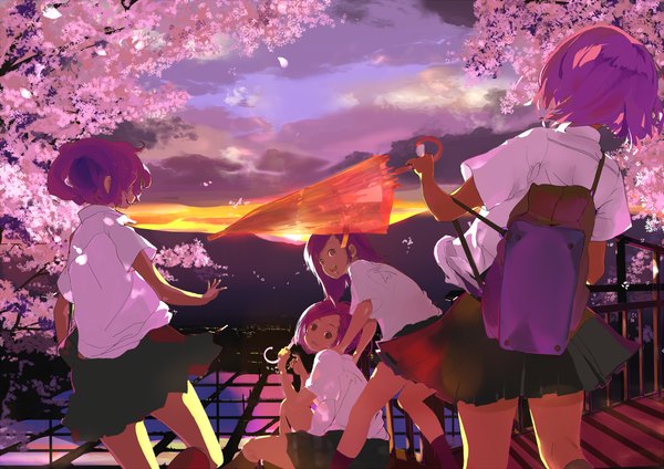 Anime picture 1000x708 with original untan short hair red eyes sitting multiple girls brown eyes green eyes purple hair ponytail cherry blossoms turning head girl skirt uniform plant (plants) school uniform miniskirt shirt petals