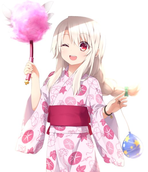Anime picture 750x870 with fate (series) fate/kaleid liner prisma illya type-moon illyasviel von einzbern haribote (tarao) single long hair tall image open mouth smile red eyes white background white hair braid (braids) traditional clothes japanese clothes one eye closed wink happy girl