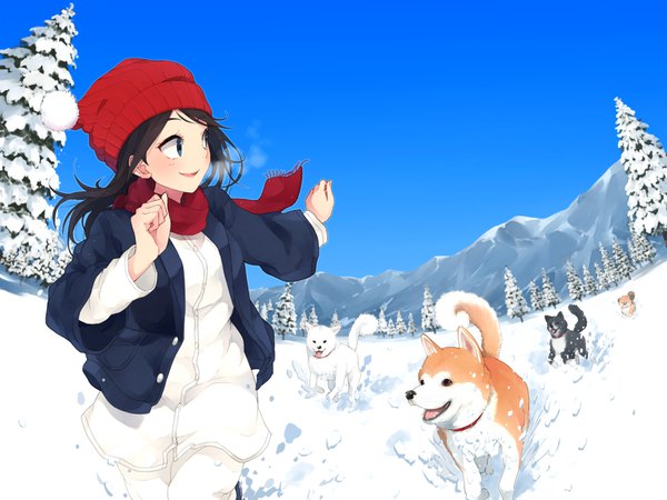 Anime picture 1600x1200 with original maruhana single long hair blush open mouth blue eyes smile brown hair looking away sky upper body outdoors long sleeves looking back open jacket winter snow mountain landscape