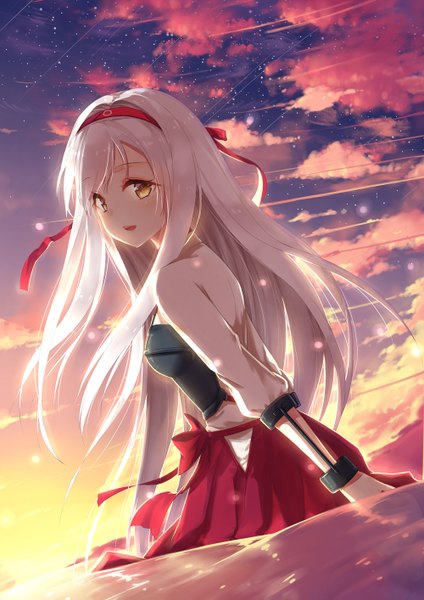 Anime picture 1000x1414 with kantai collection shoukaku aircraft carrier maya g single long hair tall image blush open mouth smile standing yellow eyes sky cloud (clouds) white hair looking back sunlight evening sunset girl ribbon (ribbons)