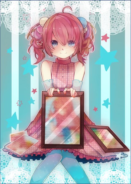 Anime picture 2085x2925 with utau kasane teto itamidome single tall image highres short hair blue eyes smile twintails bare shoulders pink hair ahoge border girl dress star (symbol) picture frame