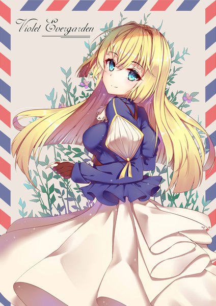 Anime picture 2480x3507 with violet evergarden kyoto animation violet evergarden (character) yiyu qing mang single long hair tall image looking at viewer fringe highres blue eyes blonde hair hair between eyes payot copyright name turning head border floral background girl dress