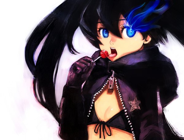 Anime picture 1000x763 with black rock shooter black rock shooter (character) boyaking(sbf) single long hair open mouth blue eyes black hair simple background white background twintails looking away glowing glowing eye (eyes) girl gloves black gloves food sweets tongue