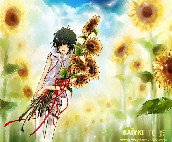 Anime picture 1024x847 with lc hi ji (saiyki) short hair green eyes signed sky green hair sleeveless boy flower (flowers) ribbon (ribbons) animal bracelet bird (birds) bouquet sunflower