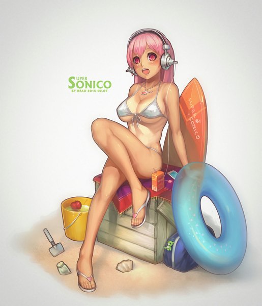 Anime picture 1000x1164 with nitroplus super sonico shouai single long hair tall image blush breasts open mouth light erotic large breasts sitting pink hair pink eyes inscription convenient leg girl swimsuit bikini headphones