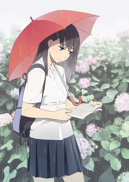 Anime picture 650x917 with original mattaku mousuke single long hair tall image fringe black hair black eyes looking down rain open collar walking summer reading girl uniform flower (flowers) school uniform book (books) umbrella