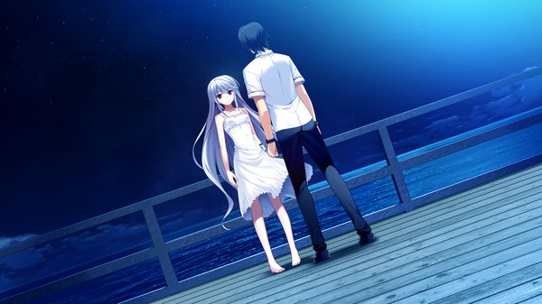 Anime picture 1280x720 with grisaia no kajitsu kazuki kazami fumio (ura fmo) long hair short hair black hair red eyes wide image game cg silver hair barefoot night couple girl dress boy shirt