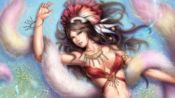 Anime picture 1920x1080 with original wanhsienwei long hair highres light erotic black hair wide image brown eyes realistic midriff fantasy cropped girl navel hair ornament bracelet fur bell jewelry