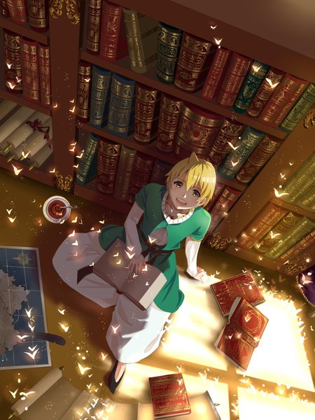 Anime picture 1181x1574 with magi the labyrinth of magic a-1 pictures ali baba saluja lin nuli xiulian single tall image looking at viewer blush fringe short hair open mouth blonde hair sitting brown eyes bent knee (knees) indoors from above happy boy book (books)