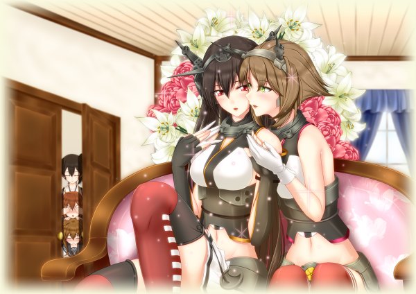 Anime picture 1200x848 with kantai collection kaga aircraft carrier nagato battleship mutsu battleship inazuma destroyer ikazuchi destroyer k2-atelier long hair blush short hair open mouth black hair red eyes brown hair sitting bare shoulders multiple girls green eyes girl thighhighs