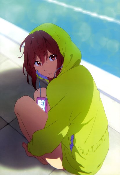 Anime picture 4093x5934 with free! kyoto animation nyantype matsuoka gou yamada naoko single long hair tall image highres red eyes absurdres red hair official art girl headphones hood pool phone