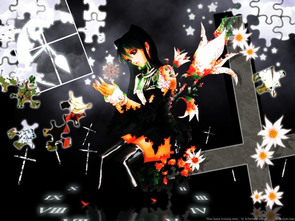 Anime picture 1600x1200 with d.gray-man lenalee lee hoshino katsura schwindelmagier single long hair black hair sitting signed green hair copyright name black background third-party edit girl flower (flowers) cross puzzle