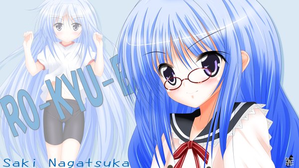 Anime picture 1920x1080 with ro-kyu-bu! project no.9 nagatsuka saki long hair blush highres smile wide image purple eyes blue hair loli girl uniform school uniform glasses gym uniform