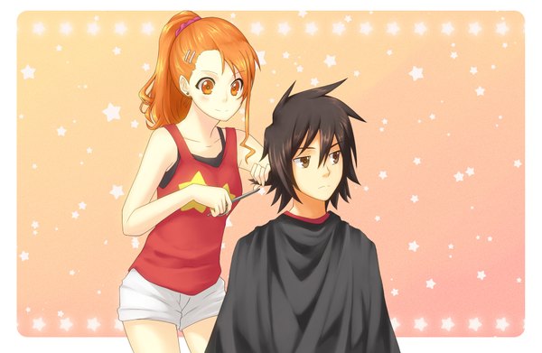 Anime picture 1850x1206 with ano hi mita hana no namae wo bokutachi wa mada shiranai a-1 pictures anjou naruko yadomi jinta miraclenight (artist) long hair highres short hair black hair brown eyes orange hair orange eyes couple border outside border star print hairdressing cutting hair girl boy