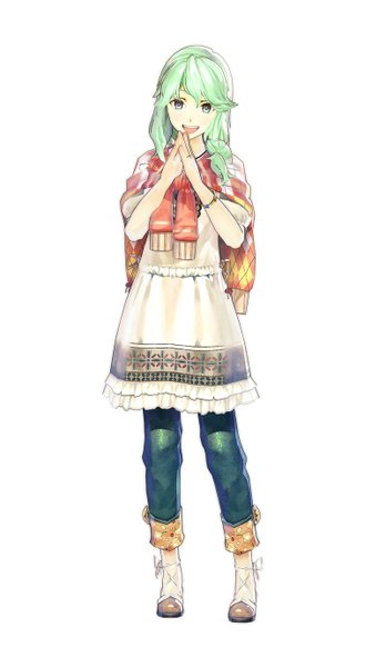 Anime picture 800x1378 with atelier (series) atelier shallie gust (company) nady elminus hidari (left side) single long hair tall image looking at viewer highres open mouth simple background smile standing white background green eyes green hair official art hands clasped girl