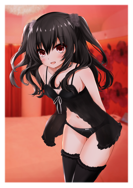 Anime picture 2508x3541 with choujigen game neptune uni (choujigen game neptune) ex idol single long hair tall image looking at viewer blush fringe highres breasts open mouth light erotic black hair hair between eyes red eyes standing bare shoulders cleavage indoors