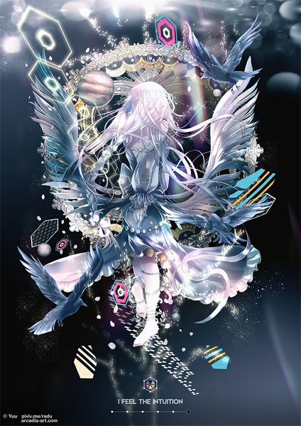 Anime picture 800x1131 with original yuu (arcadia) single long hair tall image white hair braid (braids) dark background girl dress animal wings bird (birds)