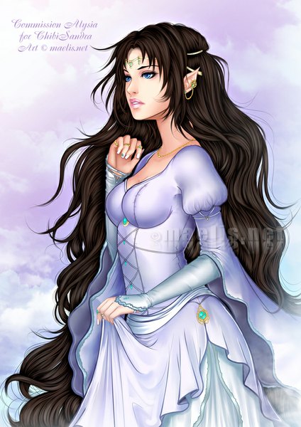 Anime picture 636x900 with original m-aelis single tall image breasts blue eyes black hair very long hair fingernails lips pointy ears lipstick pink lipstick girl dress earrings choker ring
