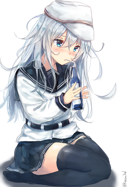 Anime picture 1120x1650 with kantai collection hibiki destroyer verniy destroyer karo-chan long hair tall image blush fringe blue eyes simple background hair between eyes white background sitting signed looking away silver hair full body bent knee (knees) pleated skirt no shoes