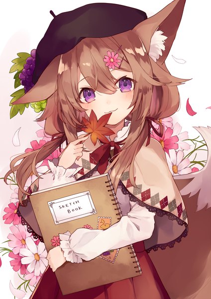Anime picture 700x990 with original shugao single long hair tall image looking at viewer blush fringe smile hair between eyes brown hair white background purple eyes holding animal ears tail animal tail hair flower fox ears text