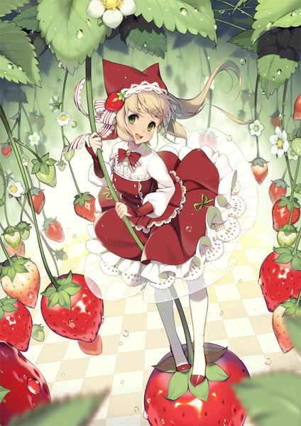 Anime picture 720x1018 with original 1000marie single long hair tall image looking at viewer fringe open mouth blonde hair green eyes from above checkered floor floor girl dress food berry (berries) cap strawberry