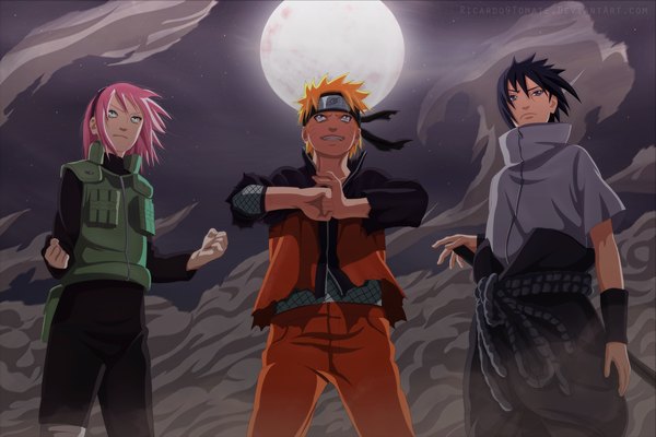 Anime picture 3623x2421 with naruto studio pierrot naruto (series) uzumaki naruto uchiha sasuke haruno sakura ric9duran highres short hair blue eyes black hair blonde hair smile green eyes pink hair absurdres black eyes night sky coloring torn clothes