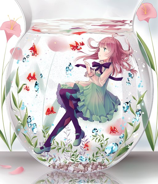 Anime picture 771x900 with original hitsukuya single long hair tall image open mouth green eyes pink hair underwater rhombus in container girl dress flower (flowers) animal petals pantyhose frills bubble (bubbles) fish (fishes)