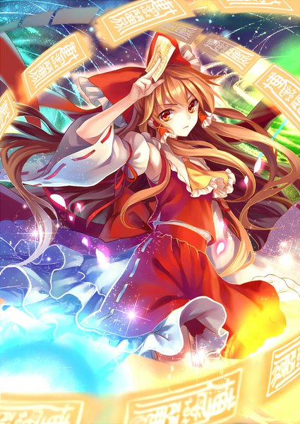 Anime picture 800x1130 with touhou hakurei reimu mirror (xilu4) single long hair tall image looking at viewer brown hair brown eyes traditional clothes japanese clothes arm up miko girl skirt bow hair bow detached sleeves skirt set hair tubes